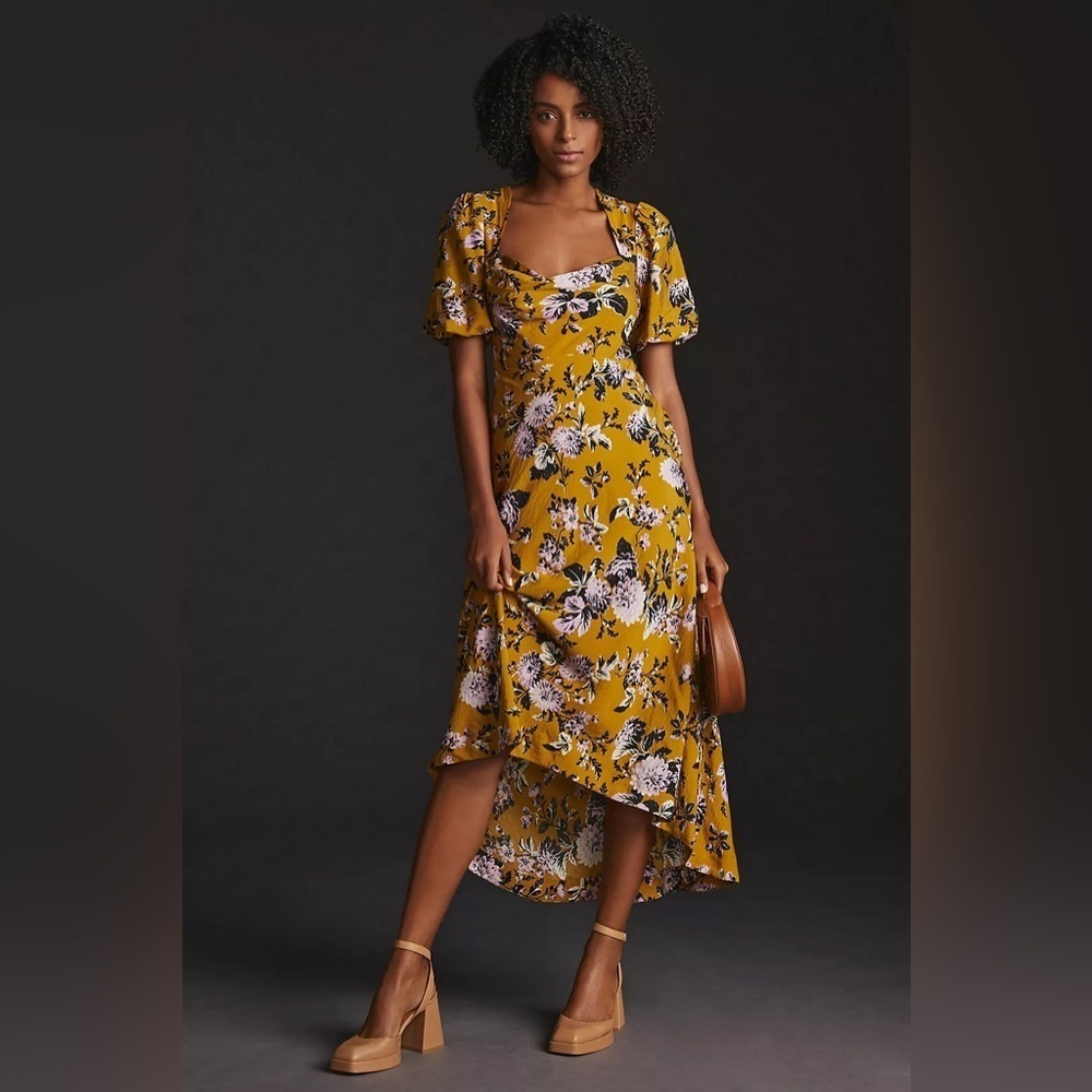 Maeve Floral Mustard Yellow Asymmetric Midi Dress